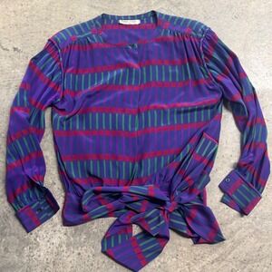 VTG Giorgio Armani Women's Purple Geometric Tie Long Sleeve Blouse Luxury